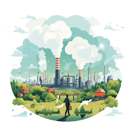 Industrial landscape with chimneys and factory workers. Vector illustration.の素材