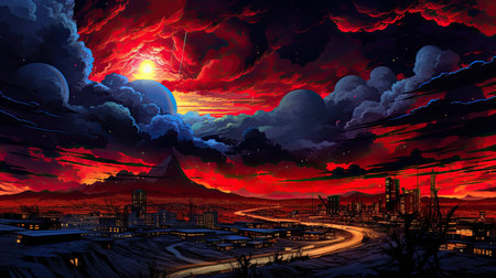 Fantasy landscape of the city at sunset. 3D illustration.の素材
