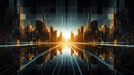 Futuristic cityscape with light rays on dark background. 3D renderingの素材