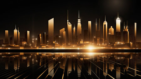 abstract night scene with cityscape and reflection in water vector illustrationの素材