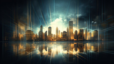 Modern cityscape and digital technology concept. 3d rendering double exposureの素材