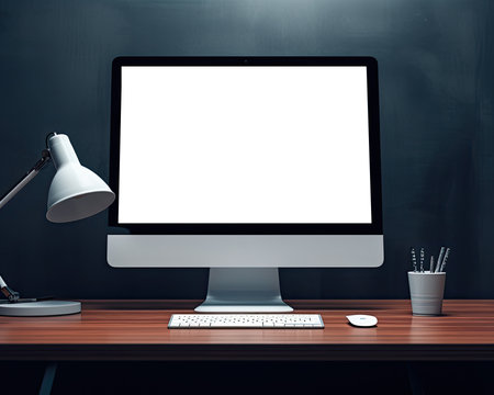 Close up of modern designer desktop with blank white computer screen, lamp and other items. Mock up, 3D Renderingの素材