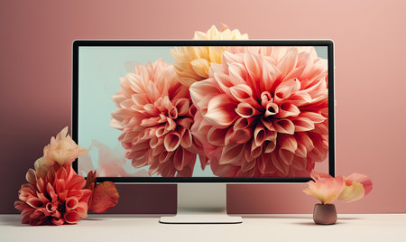 Computer display with dahlia flowers. 3D Rendering.の素材