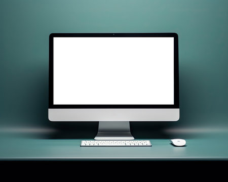 Modern desktop computer with blank white screen on table. 3D Renderingの素材
