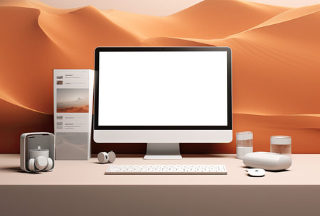 3D render of a desktop computer with a blank screen on a table in the desertの素材
