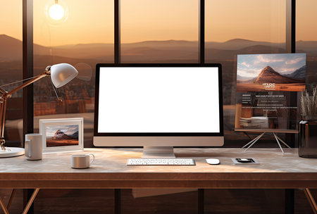 3D rendering, Workspace with blank screen computer on table, Workspace in modern office at sunsetの素材
