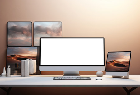 Responsive mockup screen on desktop. 3d render.の素材