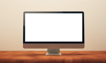 Computer with blank white screen on wooden table. 3d illustration.の素材