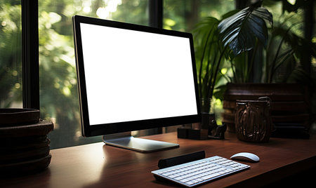 Computer with blank screen on wooden table in office room, stock photoの素材