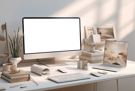 3D illustration PC screen on table in office, Workspace mockupの素材