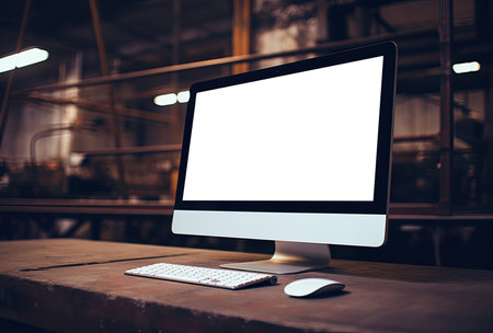 Computer with blank screen on wooden table in coffee shop, stock photoの素材