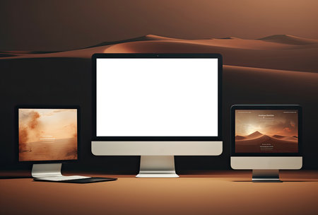 Computer display with blank screen in the desert. 3D Renderingの素材