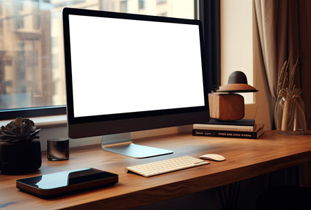 Mockup computer with blank screen on wooden desk in home office.の素材