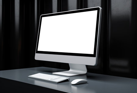 3D illustration desktop computer with white screen and keyboard on black tableの素材