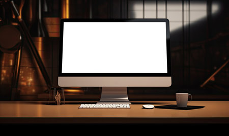 Mockup computer with blank white screen on the table in the roomの素材