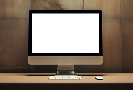 Computer with blank white screen on wooden table. Mockup, 3D Renderingの素材