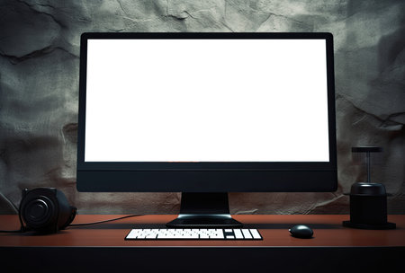 Computer with blank screen on the table. 3d render illustration.の素材