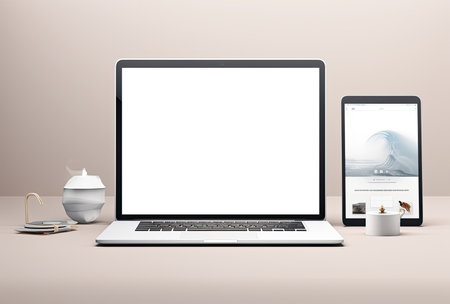 Laptop and tablet pc with blank screen. 3D rendering.の素材