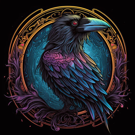 Raven in the round frame. Tattoo design. Vector illustration.の素材