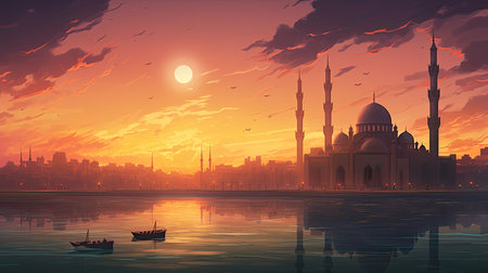 Sunset over the mosque on the background of the city. Vector illustrationの素材