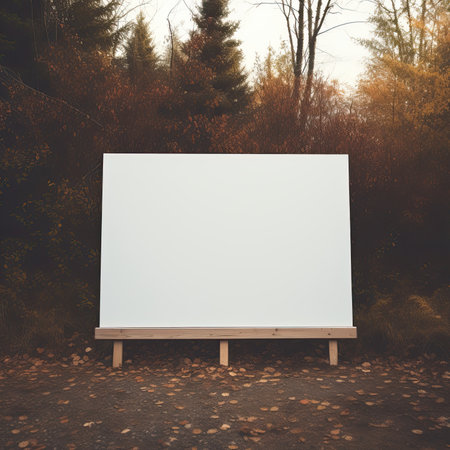 Blank white canvas on a wooden easel in the autumn forestの素材