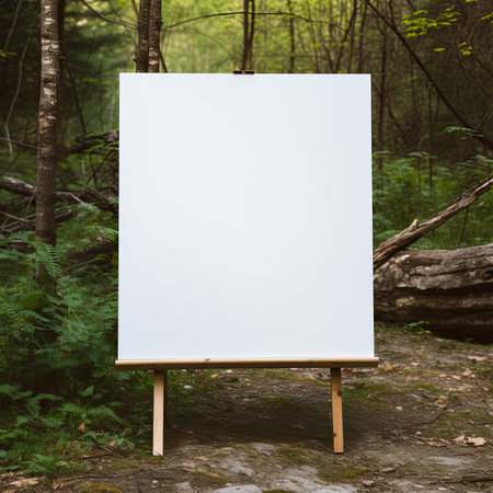 Blank white canvas on easel in the forest. Mock upの素材