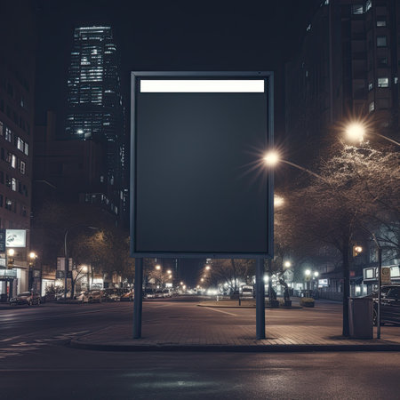 Blank black billboard on city street at night. 3D Renderingの素材