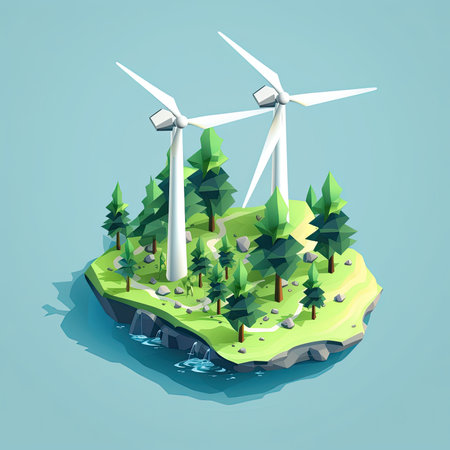 Wind turbine on the island in the middle of the forest. 3d vector illustration.の素材