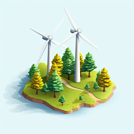 Ecology concept with wind turbines and pine trees on the ground vector illustrationの素材