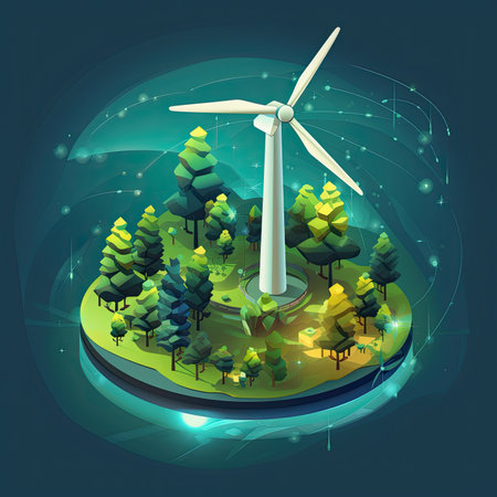 Isometric wind turbine and forest. Renewable energy concept. Vector illustrationの素材