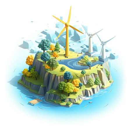 Illustration of a low poly island with windmills and wind turbinesの素材