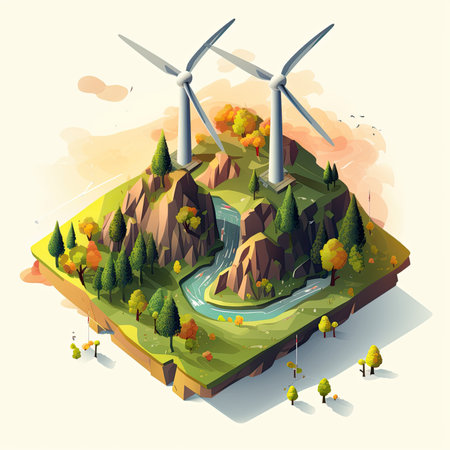 Isometric wind turbines in the forest. Alternative energy concept. Vector illustration.の素材