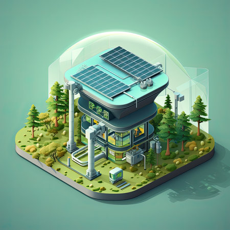 Isometric solar energy station with solar panel in isometric view vector illustrationの素材