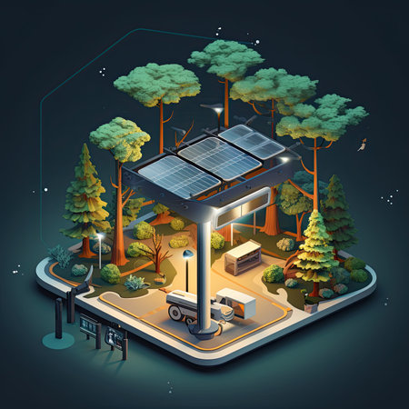 Solar energy station in the city isometric composition with solar panels and trees vector illustrationの素材