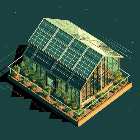Isometric view of a modern greenhouse with plants. Vector illustration.の素材