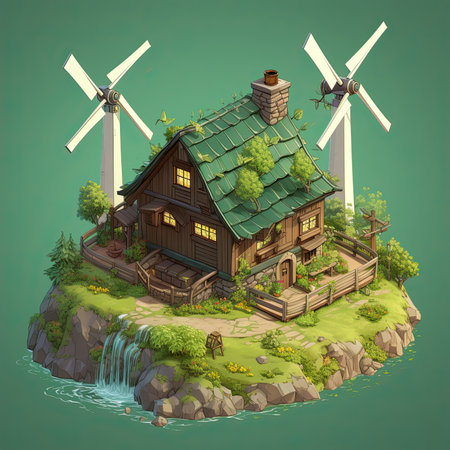 Wooden house with windmill on the island. Vector illustration.の素材