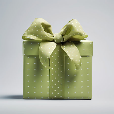 Green gift box with bow isolated on white background. 3d renderの素材