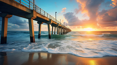 Beautiful seascape with pier at sunrise. 3d renderingの素材