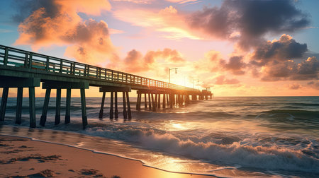 Beautiful sunset over the sea with pier. 3d render illustrationの素材