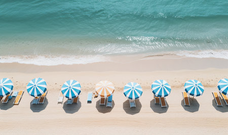 Beach chairs and umbrellas on the sandy beach. Top viewの素材