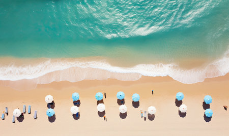 Aerial view of beach umbrellas and sunbeds on the sandの素材