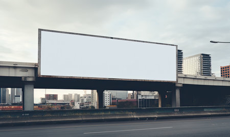 Blank billboard on the road with cityscape background. 3d rendering.の素材
