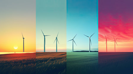 Windmills for electric power production at sunset, 3d renderの素材