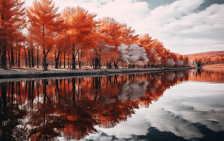 Beautiful autumn landscape with lake and trees in the park. Toned.の素材