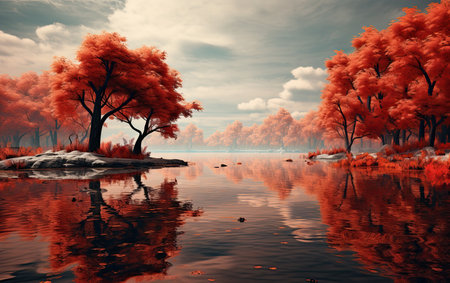 Autumn landscape with trees and lake. 3d render illustration.の素材