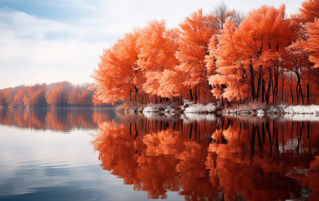 Beautiful autumn landscape with lake and trees reflected in the water.の素材