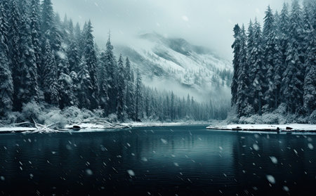 Snowy winter landscape with frozen mountain lake and coniferous forestの素材