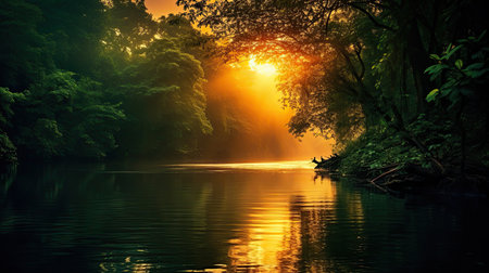 Beautiful sunrise over the river in the forest. Nature background.の素材