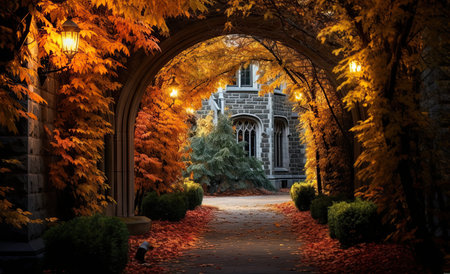 Autumn in the park. Autumn alley with maple trees and lanternsの素材