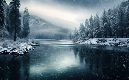 Beautiful winter landscape with snow covered trees and lake. Filtered image processed vintage effect.の素材